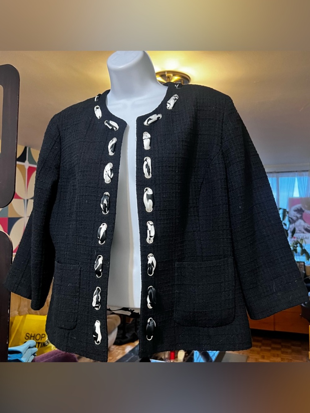 Black Tweed Open-Front Jacket with Contrast Hardware